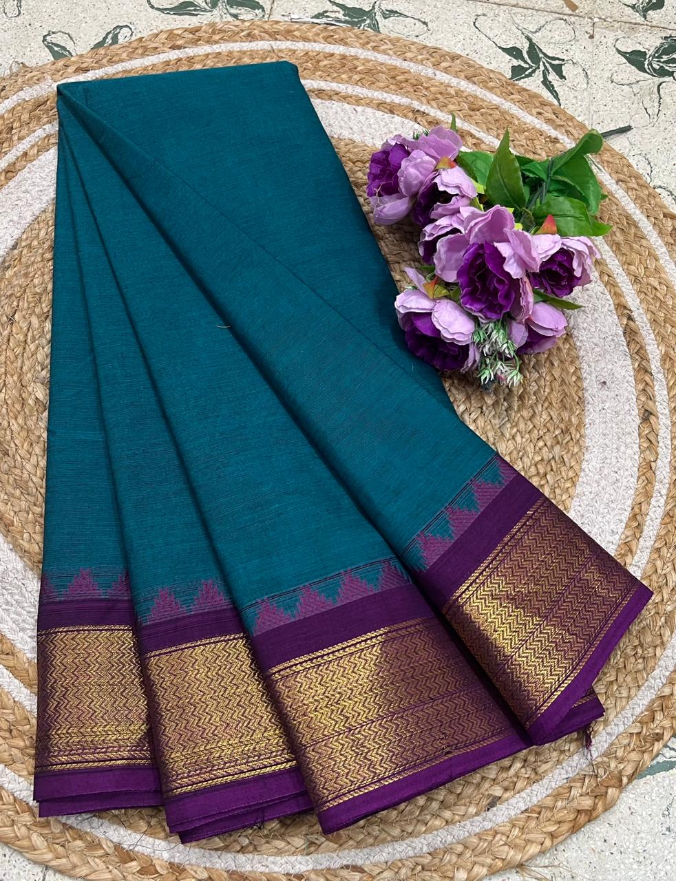 Teal Blue And Purple Kanchi Cotton Saree